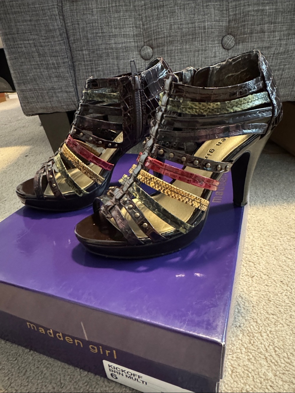 Madden Girl Kickoff Brown Multi Strappy Cage Platform Heels Women's Size 6